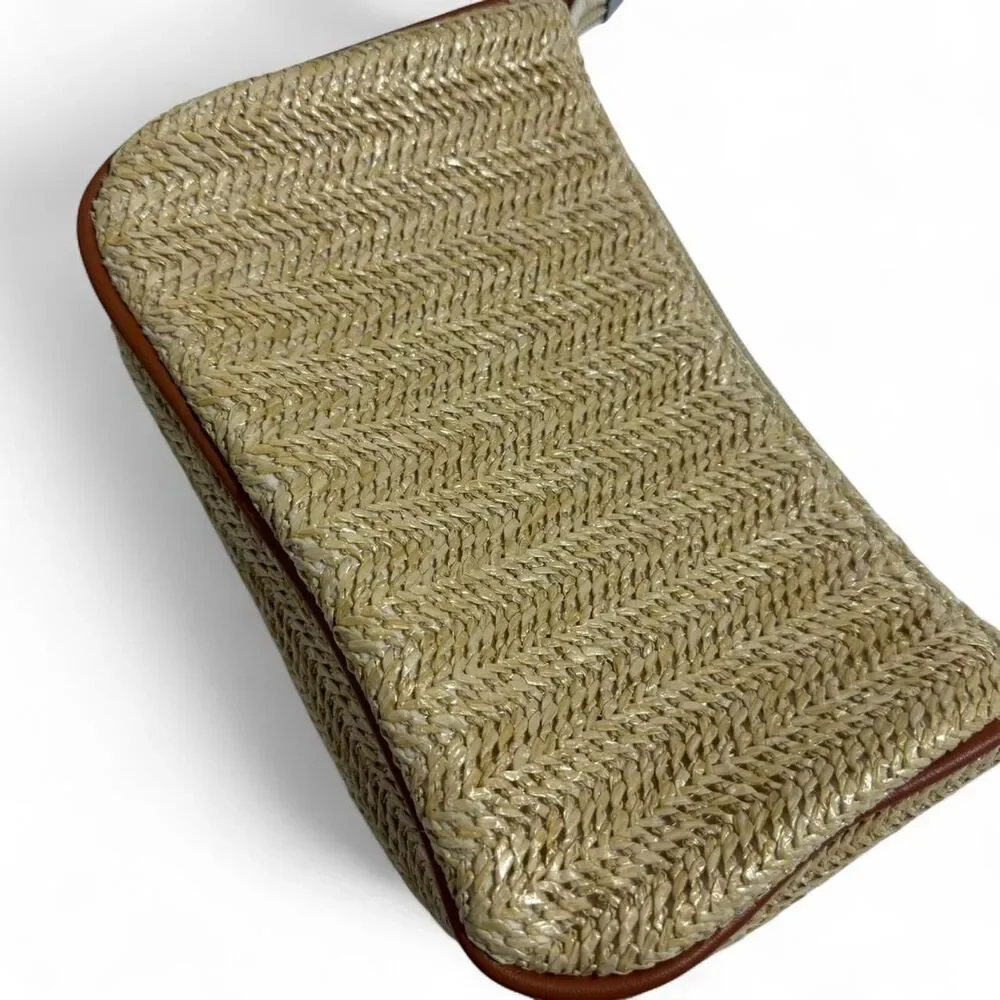 Brown & tan woven straw summer handbag with herringbone pattern